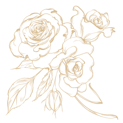 A beige line drawing of a rose bouquet with three blooming roses and several leaves