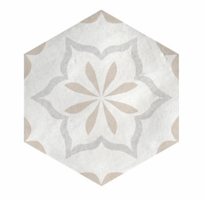 White hexagonal mosaic pool tile with gray and tan pattern.