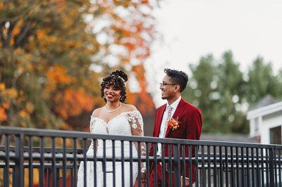 Hartford CT wedding couple walking across bridge