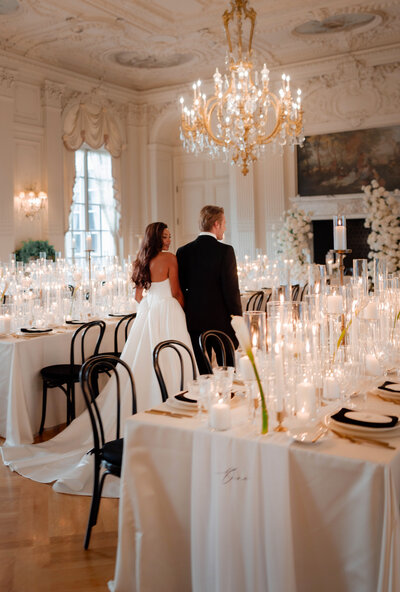 A candlit reception at rosecliff mansion in Newport Rhode Island