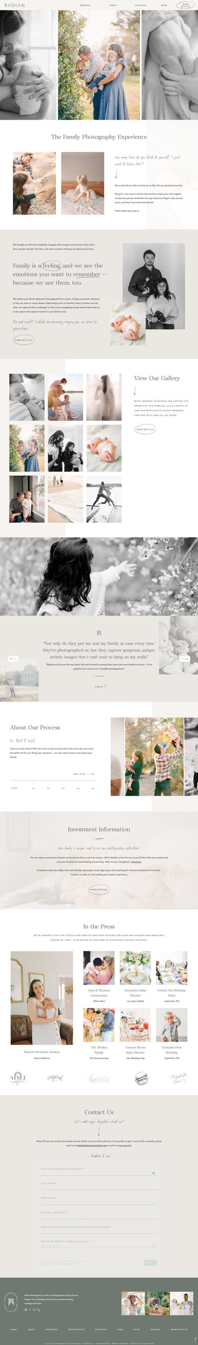 Custom Showit website for Radian Photography, North Carolina wedding, family, and brand photographers