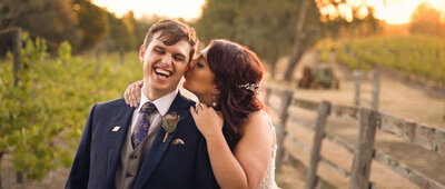 Bride and groom have romantic moment during photoshoot on wedding day at Glen Erin