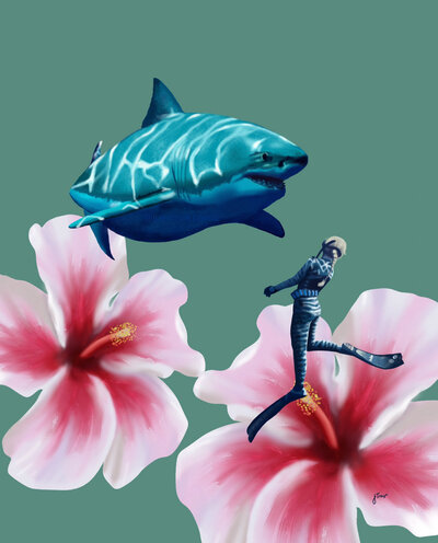 a great white shark swims toward a free diver, illustrated aagainst pink hibiscus flowers on a light green background.