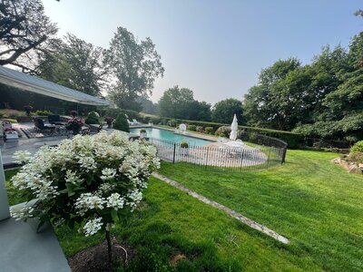 A transformed backyard featuring a lush green lawn, vibrant landscaping with blooming white flowers, and a refreshed pool area with a fountain and outdoor seating.