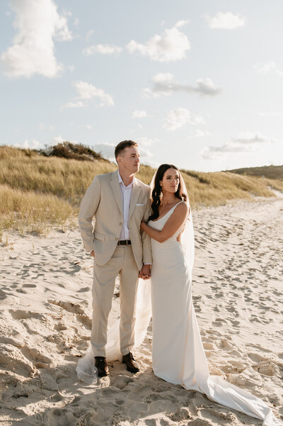 beach wedding tan suit simple dress