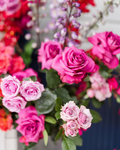 Bold pink and magenta florals, showcasing Bloom Bar’s signature style in Austin corporate event decor and floral design.