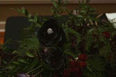 Engagement ring displayed on a black rose surrounded by dark and red floral arrangement