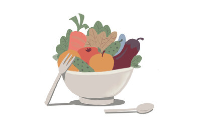 A graphic of a bowl of fruit with bowl and spoon
