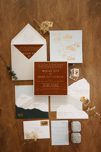 Light and airy wedding invitation suite with custom calligraphy