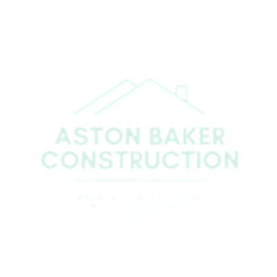 Light blue logo featuring a house roof design above the text "Aston Baker Construction - modern construction with traditional values"
