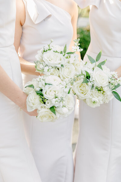 Georgia Wedding Photographer | Bridesmaid Bouquets with All White Flowers to Match Champagne Taupe Bridesmaid Dresses