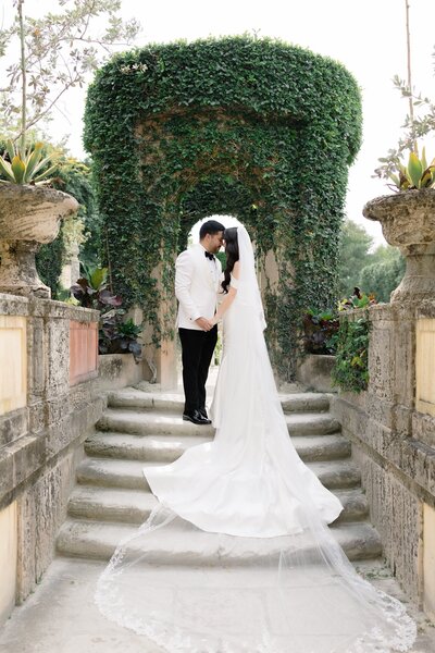 Elegant Bride and groom portrait in Vizcaya Miami
