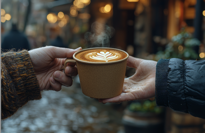 Person handing another a cup of coffee in the cold, representing a small act of kindness