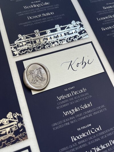 Navy blue menu card with place card and wax seal for Eolia Mansion wedding in Connecticut