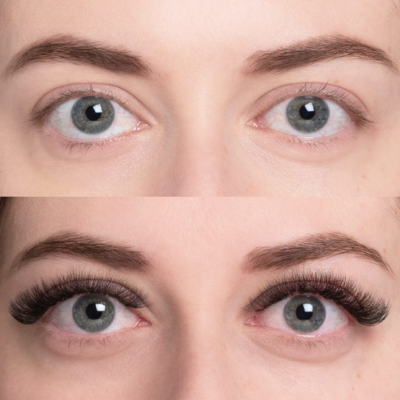 Woman's eyelashes before and after eyelash extensions