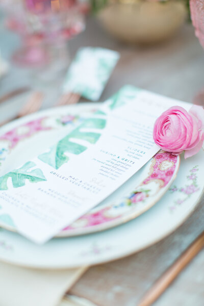 pink and green wedding table scape with watercolor painted tropical menus