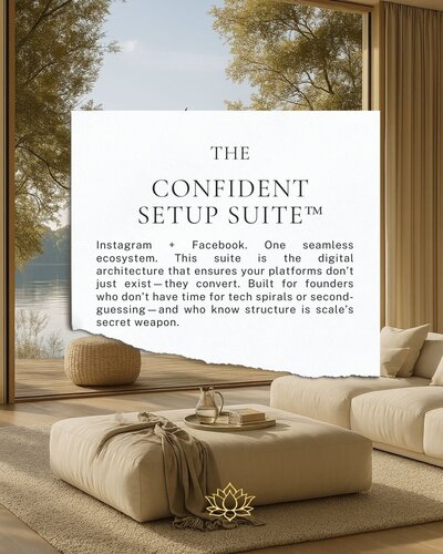 A sunlit living room view with a framed image of The Confident Setup Suite™—a bundled Instagram and Facebook setup system designed for brand visibility and growth.