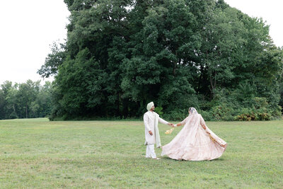 An indian couple hold hands in a field with a towering tree behind them in the distance