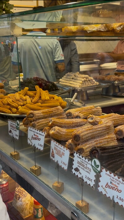 Fresh churros with chocolate dipping sauce from a Barcelona café