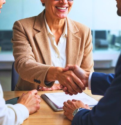 une juriste serre la main de ses clients qui la remercient pour son aide