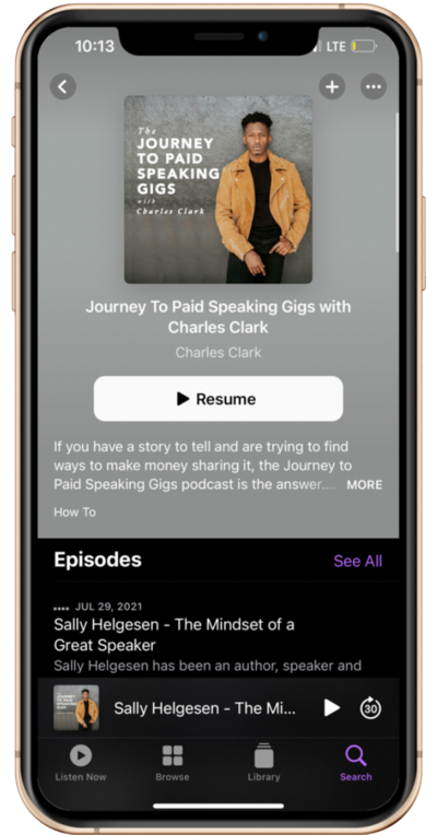 iPhone with the Journey to Paid Speaking Gigs podcast pulled up on the screen