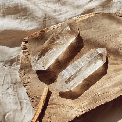 Clear quartz crystals and Palo Santo on a wooden tray, bathed in sunlight, symbolizing energy cleansing and spiritual protection during a healing ceremony