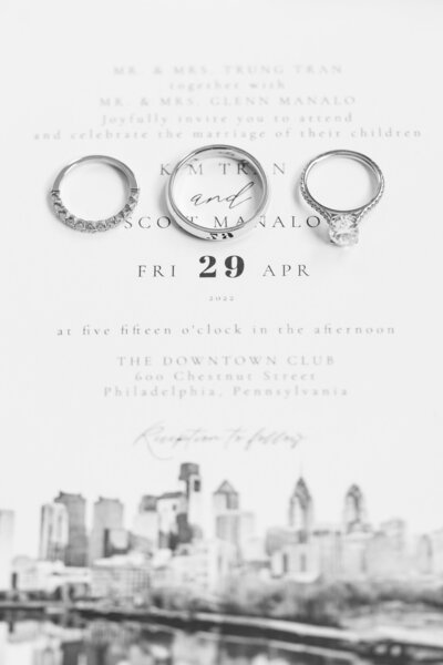 black-and-white-wedding-flatlay-rings-invitation-philadelphia