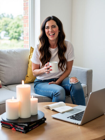 Missy Mayo is laughing a drinking coffee while working at her laptop in OKC
