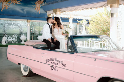 Las Vegas elopement with vintage car at sunrise