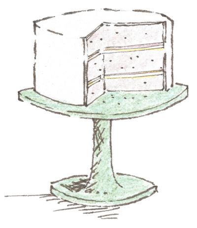 A hand drawn illustration of a cake with slices taken out of it