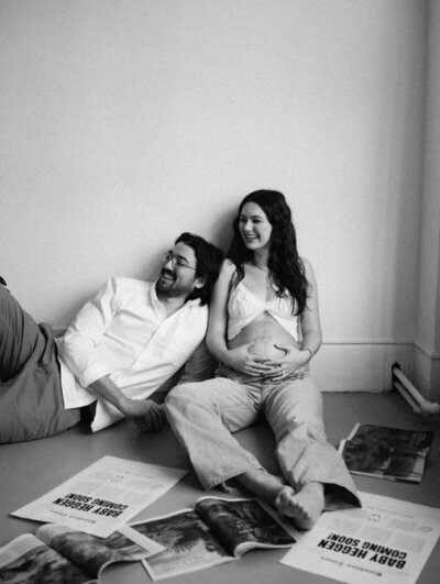 Relaxed at-home maternity photography session caught during a lifestyle photo package.