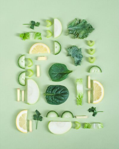 Diced fruit and veggies arranged geometrically