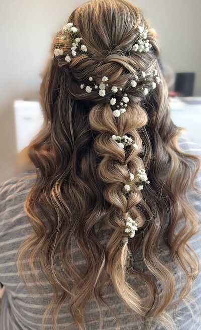 boho wild flower bridal hair style with babies breathe, Nashville bridal hair styist