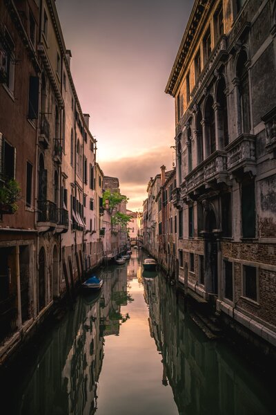 Sun setting over Venice city Street