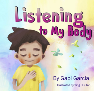 book cover with water colored background and a small boy with his hand over his heart taking a deep breath