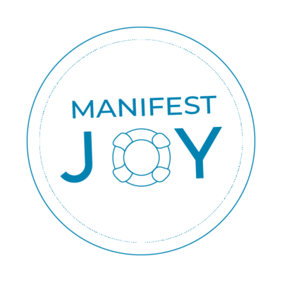 Branded graphic of a circle stamp that says manifest joy