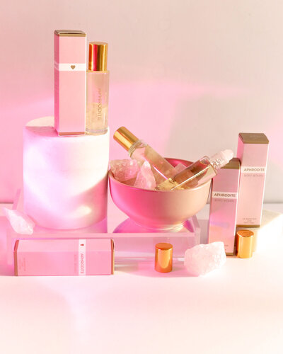 Creative skincare photography featuring crystlas, pink light — product photographer based in Southern California.