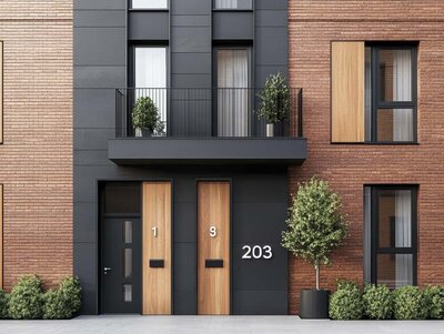 Front of multi-family housing number 203 