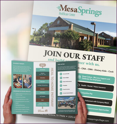 Tri-fold brochure and recruitment flyer for Mesa Springs senior living in Abilene, TX, created for their marketing by Helia Studios