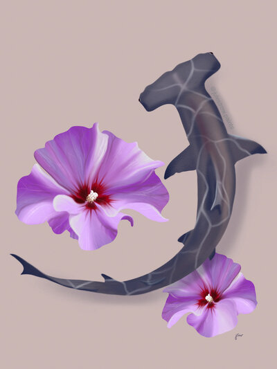 a hammerhead shark swims over purple hibiscus flowers, illustrated against a light purple background.