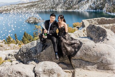 Emerald Bay proposal with champagne celebration