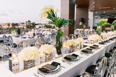 Modern sophisticated wedding reception tables at the Lindsey Residence in Las Vegas