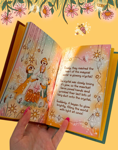 The Meerkat Fairies Save Lumani children's book, magical whimsical kids story about meerkat fairies finding a magical hidden world inside an old oak tree, written and illustrated by Jade Mobberley / Jade M Design. A New Zealand author and graphic designer. Cover design by Jade