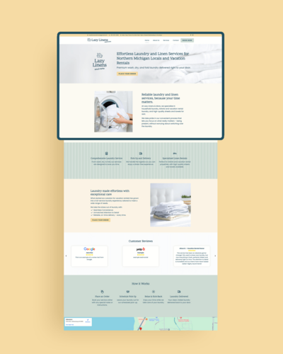 Website homepage with mint green and butter yellow palette, crafted for a Northern Michigan laundry service targeting vacation rentals
