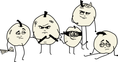 five apple cartoon drawings all with a different criminal personality