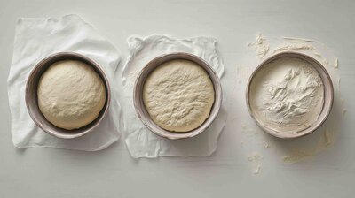 Bowl of sourdough dough fermenting next to a mature sourdough starter, highlighting authentic baking traditions.
