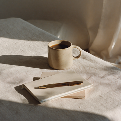 morning light surrounding cup of coffee, notebook, and pen