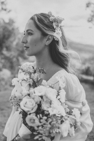 Black and white portrait of bride