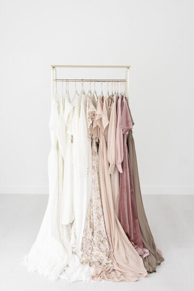 photo of dress collection in Rachel Girouard's photography studio