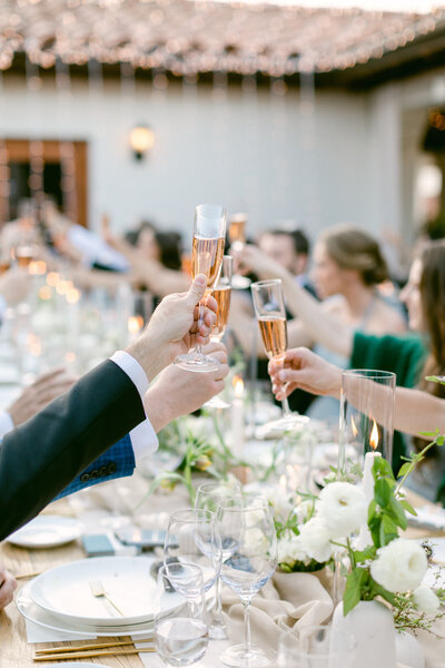 Wedding guests clink champagne glasses at outdoor wedding reception